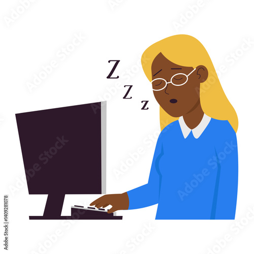 vector illustration of a sleepy woman working on a computer