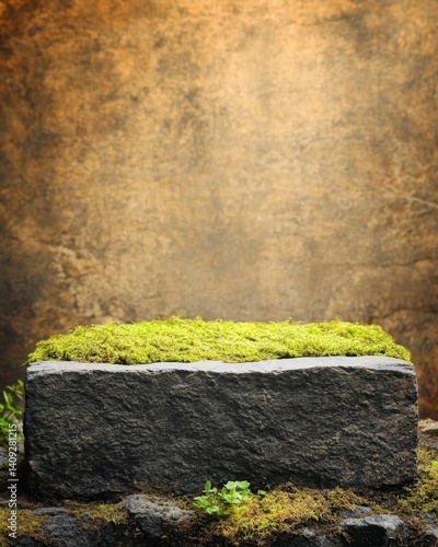 Rustic Stone Pedestal Display with Vibrant Moss Against a Textured Earthy Backdrop for Natural Product Showcase