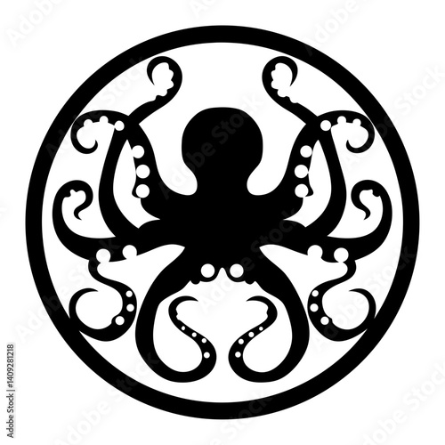 Stylized Octopus in a Circular Frame Black and White Ink Design Graphic Art