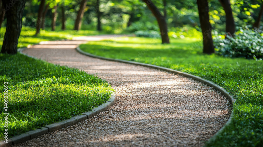 Fototapeta premium winding gravel path through lush green park
