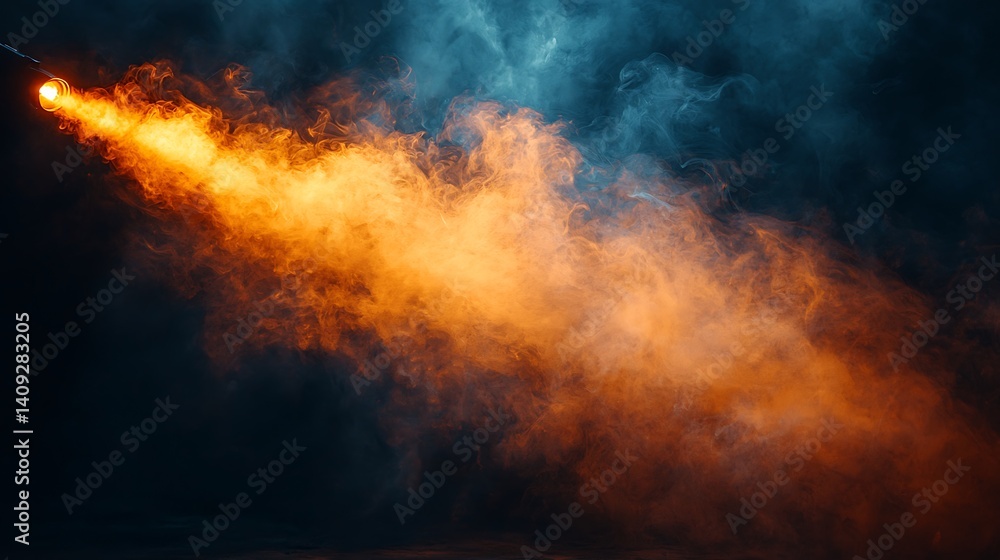 Glowing Light Source Illuminating Orange Smoke Against Dark Blue Background Glowing Light Source Illuminating Orange Smoke Against Dark Blue Background