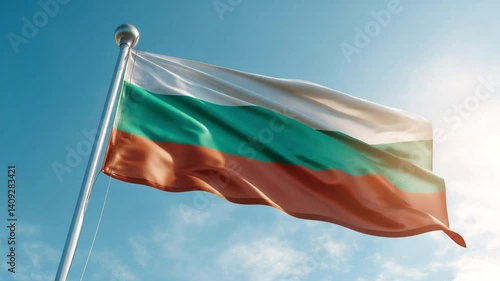 Waving Bulgaria flag on flag pole with sky on background 4K