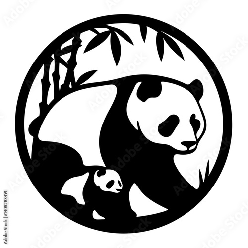 Adorable Panda Family in Bamboo Forest Circle Design Black and White Illustration