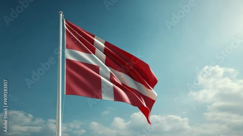 Waving Denmark flag on flag pole with sky on background 4K