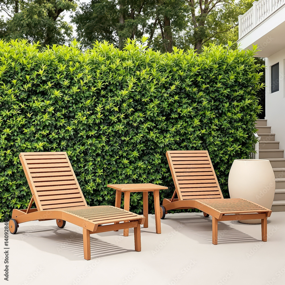 Obraz premium two wooden lounge chairs with side table in a setting