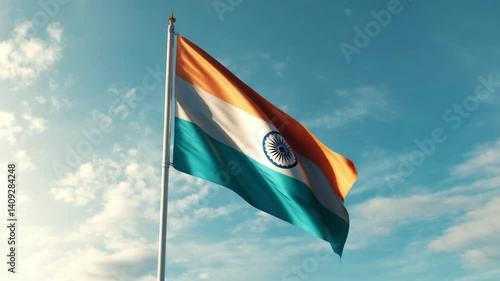 Waving India flag on flag pole with sky on background 4K