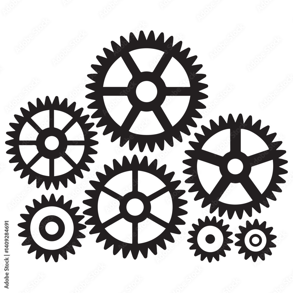 Mechanical sprocket gears sets, small, medium and large, types, Vector Black silhouettes. Isolated illustration. with white background Mechanical sprocket gears sets, small, medium and large, types, Vector Black silhouettes. Isolated illustration. with white background