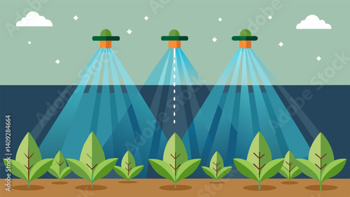 Microsprinklers A closeup view of tiny energyefficient sprinklers delivering a fine mist of water to crops minimizing wastage and improving efficiency.. Vector illustration