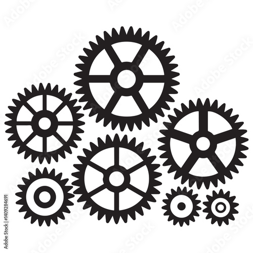 Mechanical sprocket gears sets, small, medium and large, types, Vector Black silhouettes. Isolated illustration. with white background