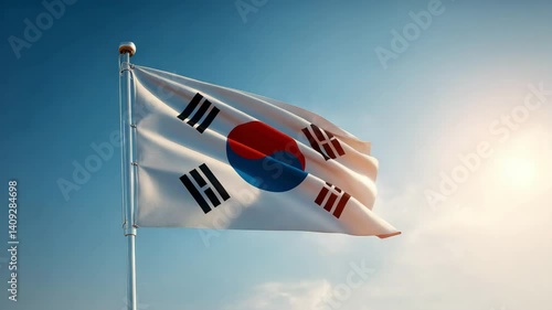 Waving Korea republic flag on flag pole with sky on background 4K