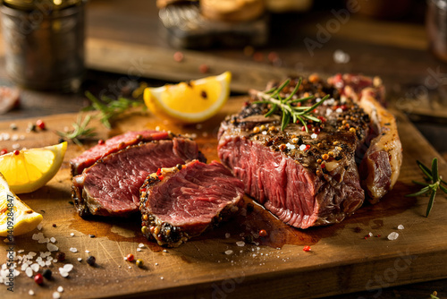 Juicy Rare Ribeye Steak with Herbs, Pepper, and Lemon on Wooden Cutting Board