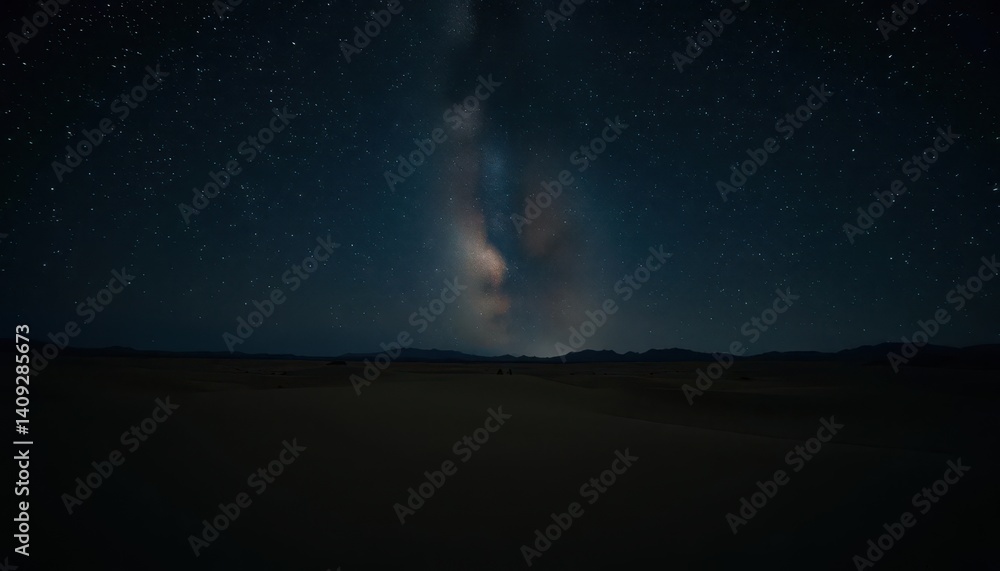 Fototapeta premium Glimmering stars twinkle over a dark desert landscape; subtle particle effects enhance the celestial scene, galaxy, nebula