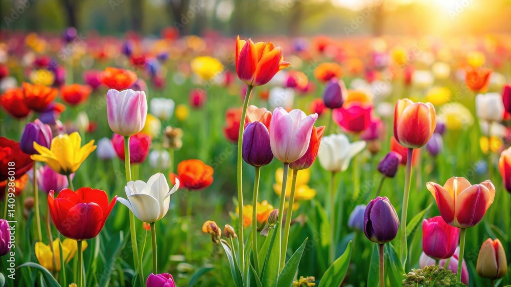 A vibrant field of tulips swaying gently in the spring breeze, with bright green grass and a few scattered wildflowers amidst the colorful blooms , garden , flowers A vibrant field of tulips swaying gently in the spring breeze, with bright green grass and a few scattered wildflowers amidst the colorful blooms , garden , flowers