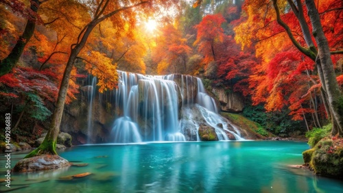Majestic Erawan waterfall surrounded by vibrant autumn foliage in Kanchanaburi Province, scenic view, tropical forest