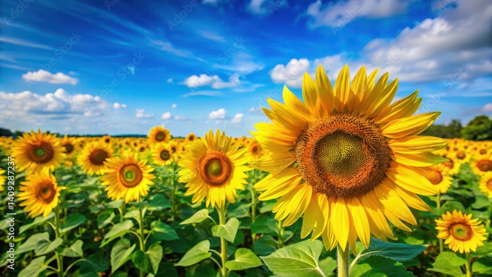 Vibrant yellow sunflowers blooming in a lush green field on a warm summer day with a clear blue sky and gentle breeze , flower field sunshine, nature scene Vibrant yellow sunflowers blooming in a lush green field on a warm summer day with a clear blue sky and gentle breeze , flower field sunshine, nature scene