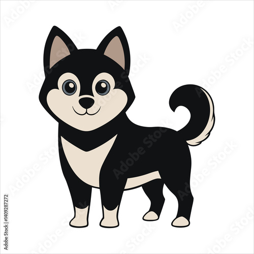 Cartoon husky puppy with black and white fur, standing and smiling