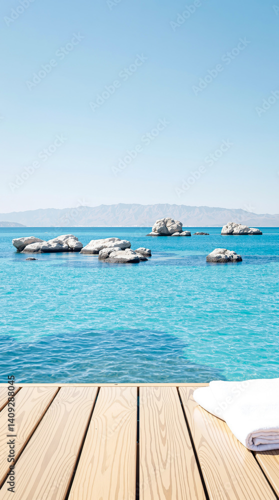 Obraz premium white towel on wooden deck overlooking a tranquil turquoise sea with rocks