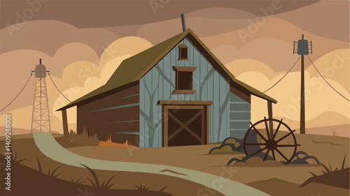In an old barn a lonely plow sits covered in cobwebs its onceshiny metal now dull and corroded.. Vector illustration