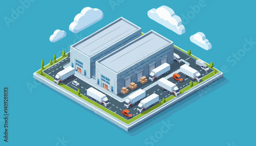 Isometric vector illustration of a large warehouse with delivery trucks Manufacturer storage distribution center.