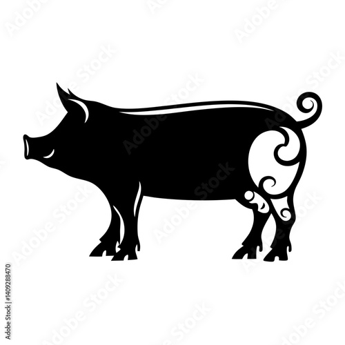 Ornate Silhouette of a Pig Farm Animal Livestock Swirl Design Black and White Graphic Illustration
