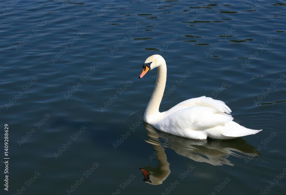 Graceful white swan gliding on calm, clear water, cloud, wings Graceful white swan gliding on calm, clear water, cloud, wings