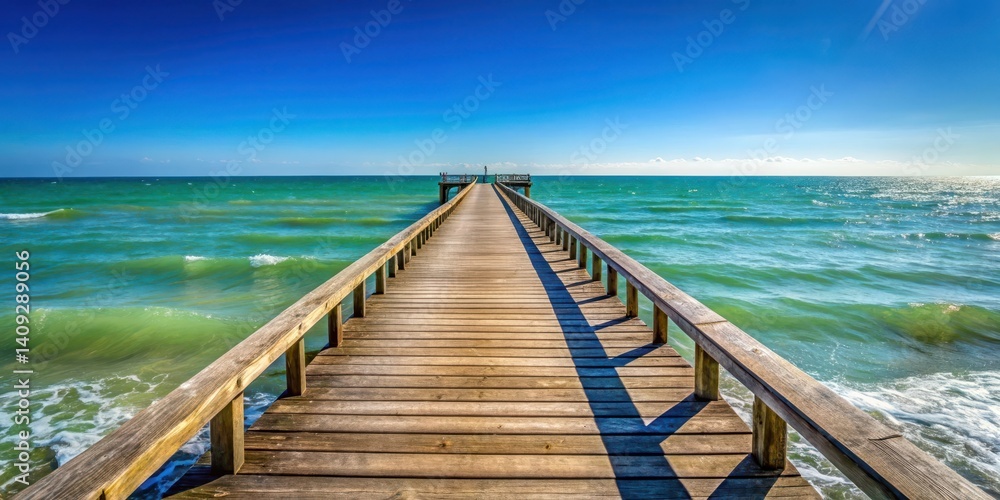 Fototapeta premium A wooden pontile stretching out into the ocean with a clear blue sky above and gentle waves lapping at its edges, peaceful ambiance, water edge