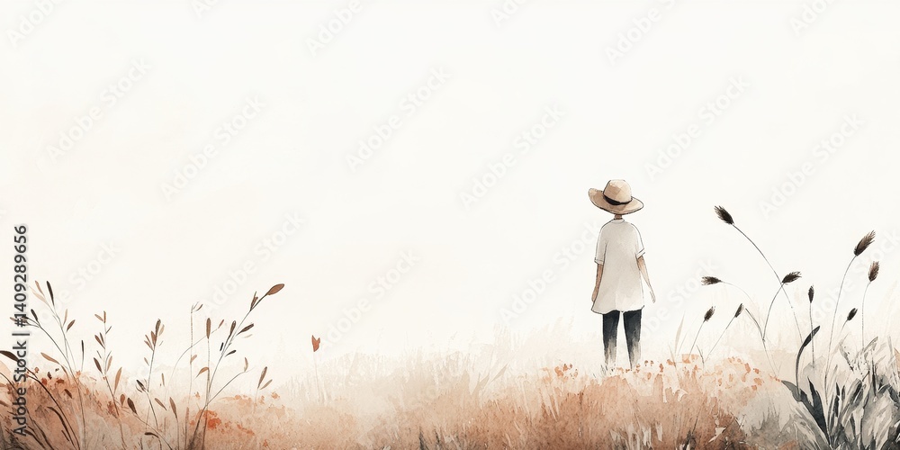 Obraz premium Solitude in the Field: A lone figure, wearing a wide-brimmed hat, stands in a field of tall grasses, gazing out at the vast horizon. The watercolor painting evokes a sense of peace and contemplation.