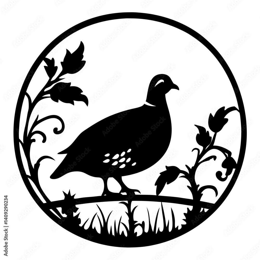 Fototapeta premium Elegant Quail Silhouette in Circular Floral Frame Artistic Bird Illustration