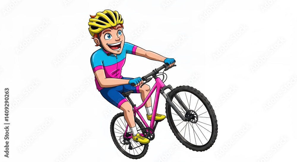 Fototapeta premium Cartoon boy mountain biking illustration active lifestyle