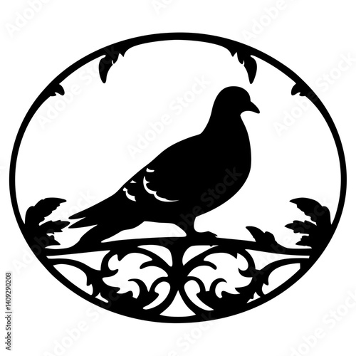 Elegant Silhouette of a Dove in a Circular Ornate Frame A Decorative Bird Design Perfect for Wall Art Home Decor Ornamental Ironwork