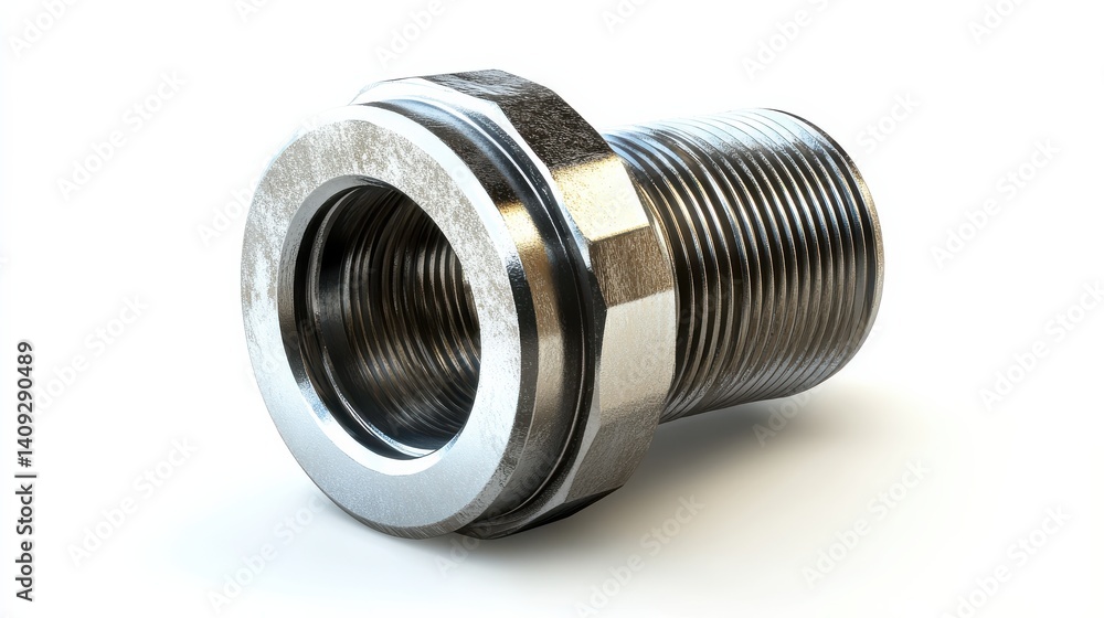 This metallic fitting, designed for connecting pipes, is placed against a crisp white backdrop This metallic fitting, designed for connecting pipes, is placed against a crisp white backdrop