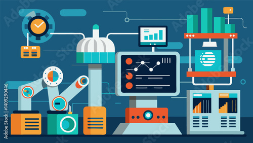 A precision engineering facility uses digital twins of their equipment monitored by live data to detect and prevent malfunctions before they occur ensuring minimal downtime and. Vector illustration