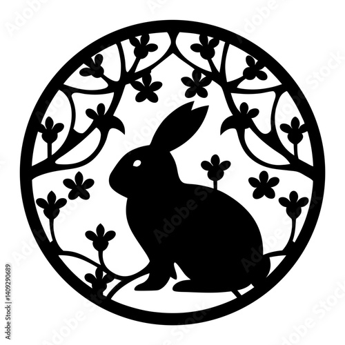 Elegant Black Silhouette of a Rabbit in a Circular Floral Frame