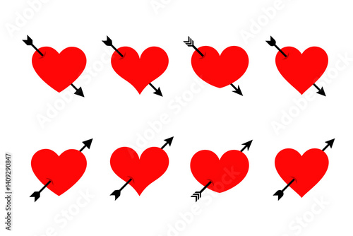 Pierced heart icon set. Heart with arrow icons. Valentine day. Symbol lovestruck