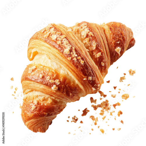 Delicious croissant with crumbs on a white background. Perfect for breakfast or a snack.