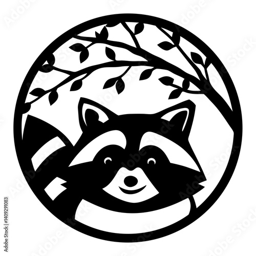 Adorable Raccoon in a Circular Frame Underneath a Tree Branch with Leaves