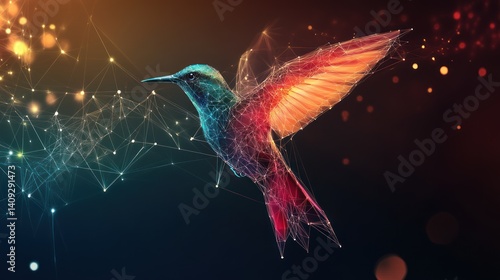 Digital hummingbird soaring with vibrant interconnected networks, embodying modern connectivity