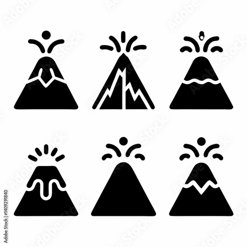 Volcano Vector Icon Set in Black Silhouette Style.