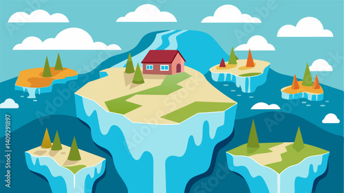 As the ice cap continues to melt small streams and rivulets that were once a source of fresh water for nearby villages have dried up leaving residents with limited access to clean. Vector illustration