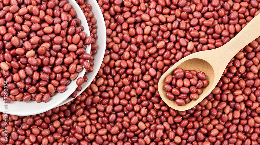 reddish-brown beans in a white bowl and wooden spoon reddish-brown beans in a white bowl and wooden spoon