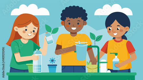 A group of kids using recycled materials to build a functioning water filtration system for their STEM project on sustainability.. Vector illustration