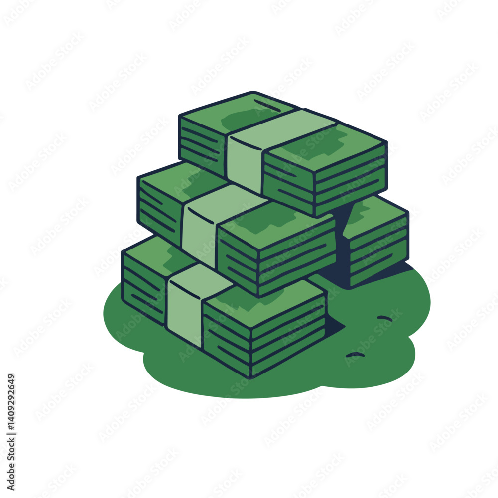 Fototapeta premium Set of six flat style vector illustrations featuring piles and rows: gold bars, cash money, garbage, coins, hanging clothes, and trophies. Ideal for finance, environmental, lifestyle, and achievement