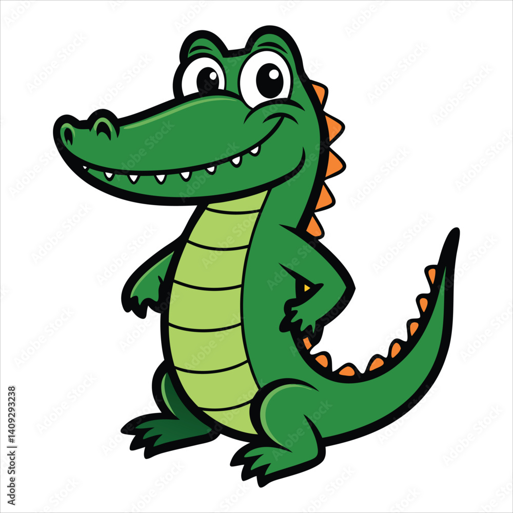 Fototapeta premium Smiling cartoon alligator with green skin and orange spikes