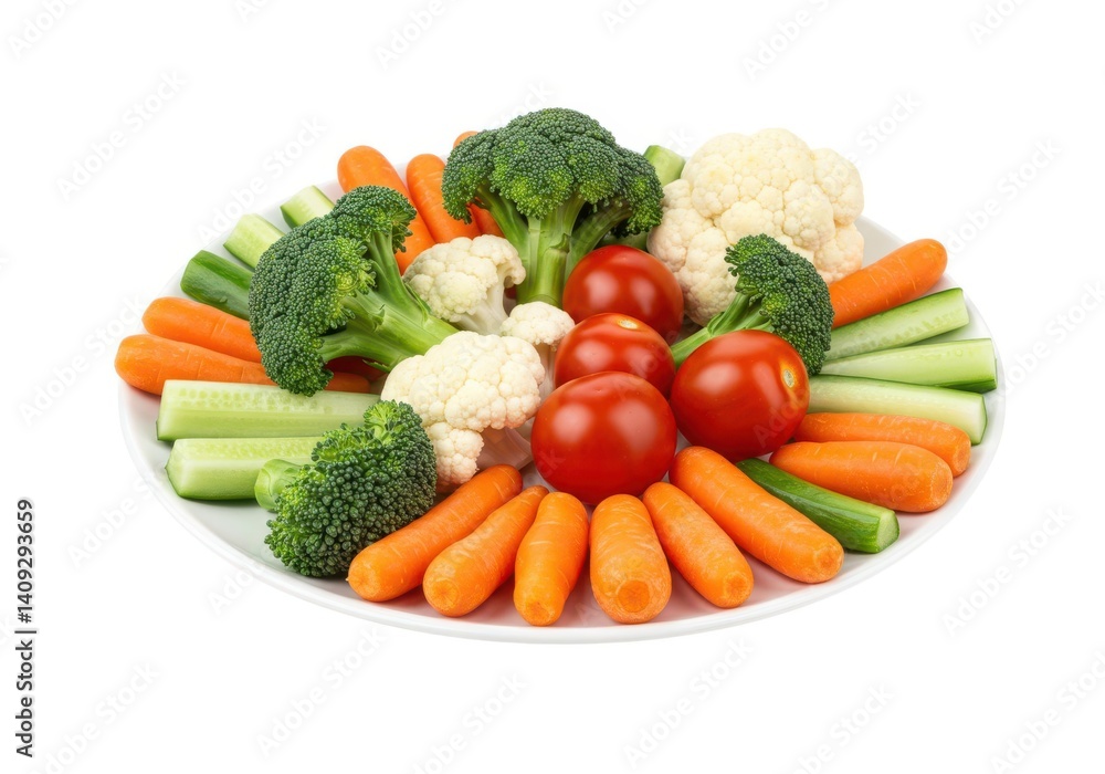 Fresh vegetable platter with carrots broccoli and tomatoes isolated on white background Fresh vegetable platter with carrots broccoli and tomatoes isolated on white background