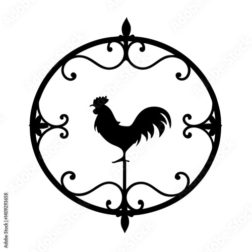 Elegant Black Silhouette Rooster in Ornate Circular Frame Design Element