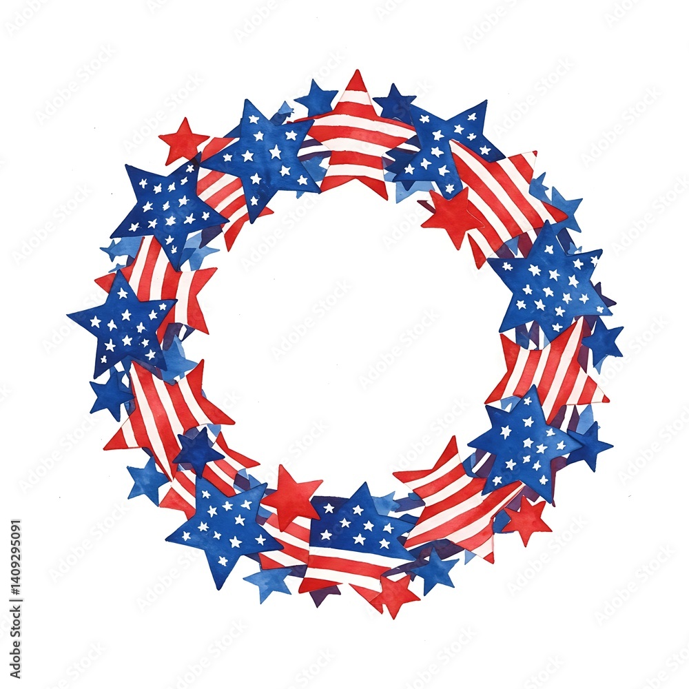 Patriotic Wreath with American Flag Stars Watercolor Illustration for Holiday