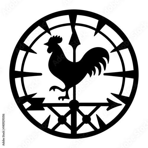A Rooster Weather Vane in a Circular Compass Design Black and White Silhouette Illustration