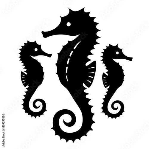 Silhouette of Three Sea Horses Family Group Ocean Wildlife Marine Life Aquatic Animals