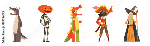 Man Character Wearing Masquerade Costume and Fancy Outfit Vector Set