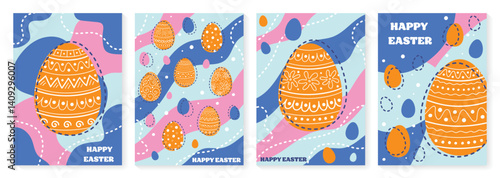 Hand drawn Easter egg. Abstract Easter greeting card set in cartoon style. Vector illustration